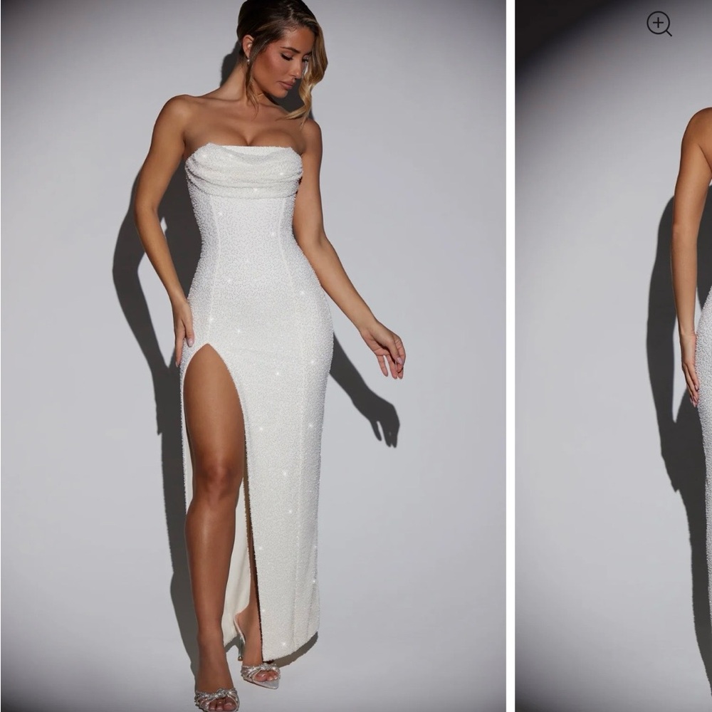 Oh Polly La Rochette White Strapless Midi Dress
